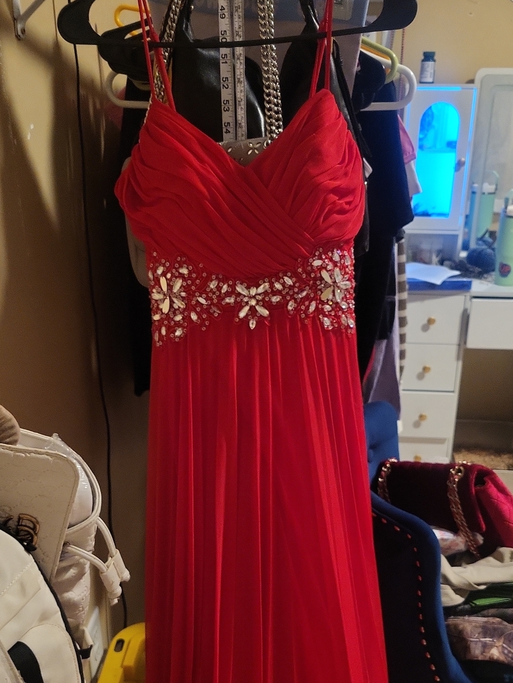 B Darlin Red Beaded Waist Prom Gown